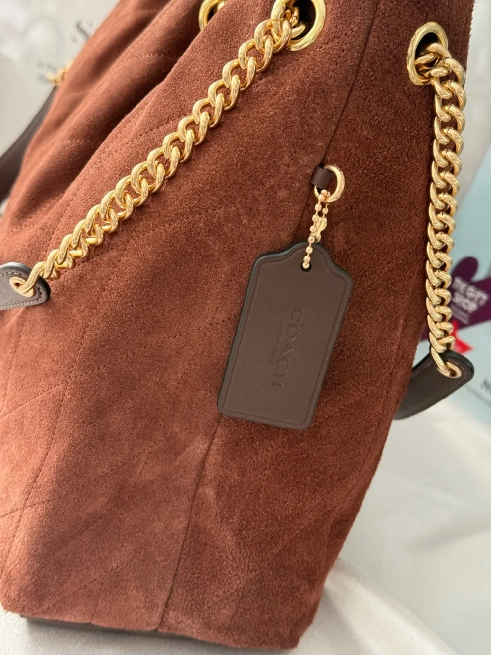 COACH CCZ80 Evelyn Shoulder Bag with Quilting Suede Gold/Vintage Brown/ Mapl WNT - Picture 4 of 13